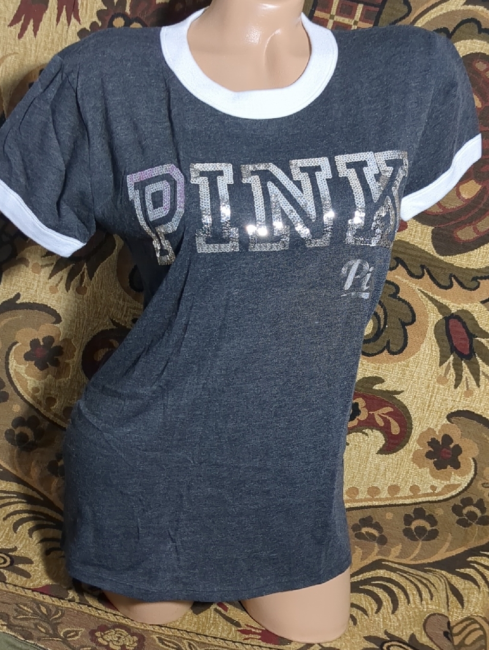 PINK Sequin Logo Ringer Tee in Charcoal Gray & White Sequins Bling